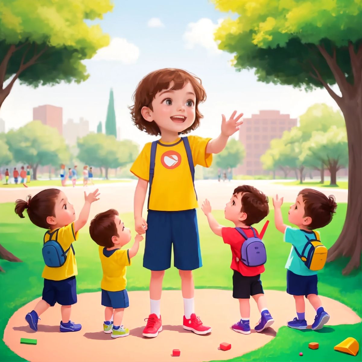 Kid surrounded by other children, eager to learn sign language at the park.