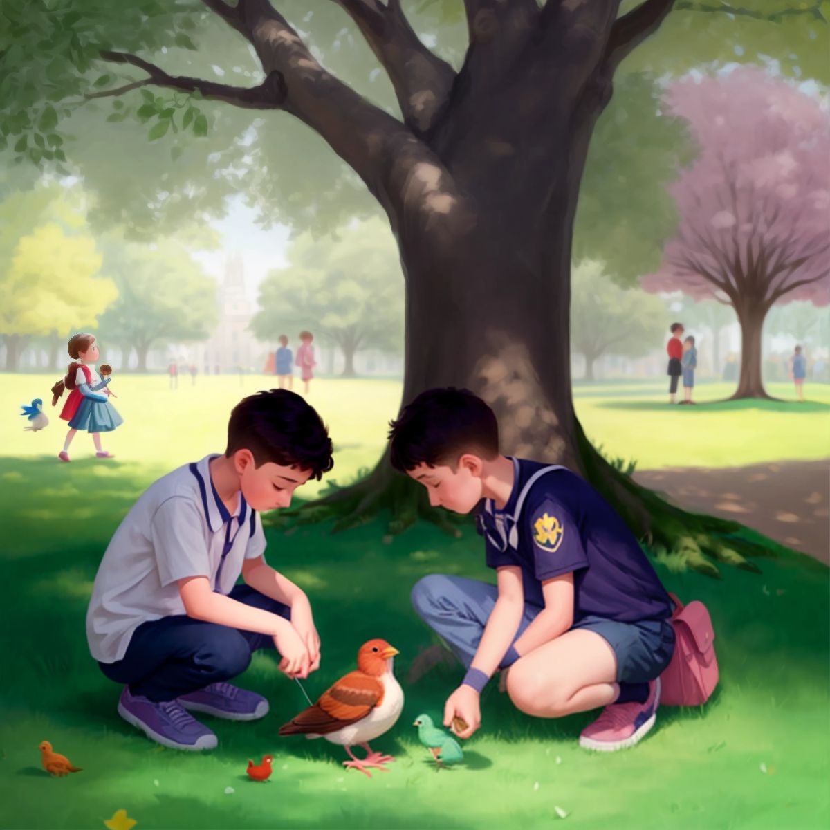 The club kids caring for an injured bird in the park under a tree.