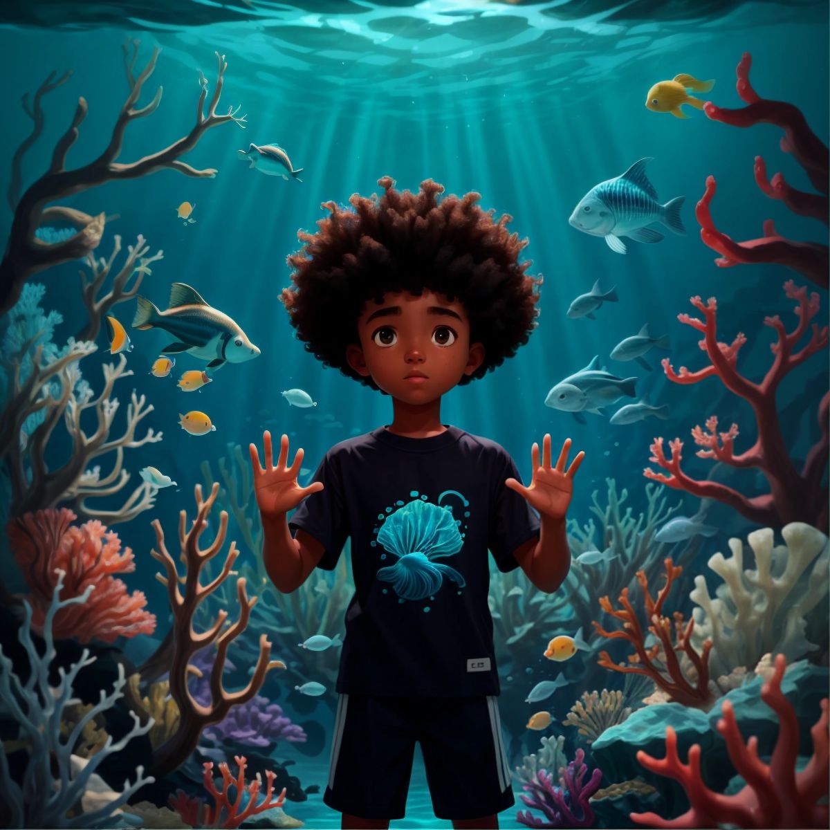 Culture with a vivid underwater scene behind him, showcasing sea creatures.