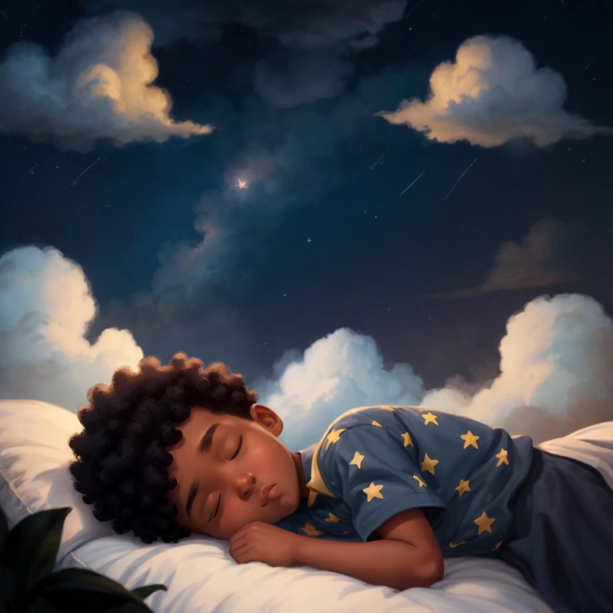 Dreamy clouds and stars surrounding a sleeping Culture, illustrating his peaceful dream world.