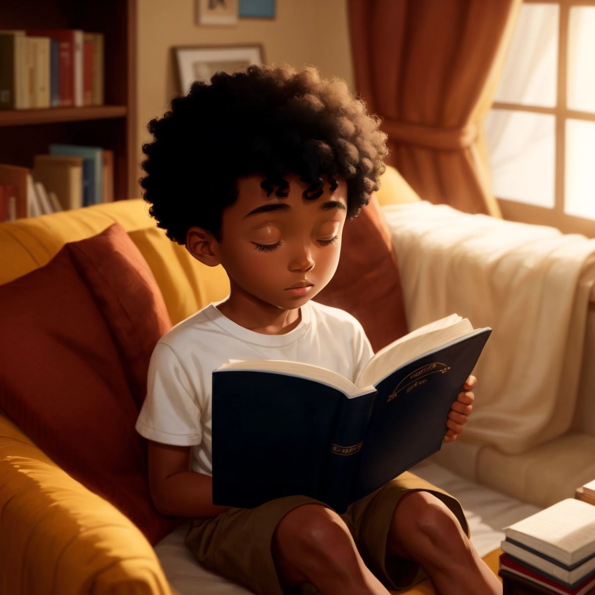 Culture reading his Bible in a cozy living room with a warm light and comfortable furnishings.