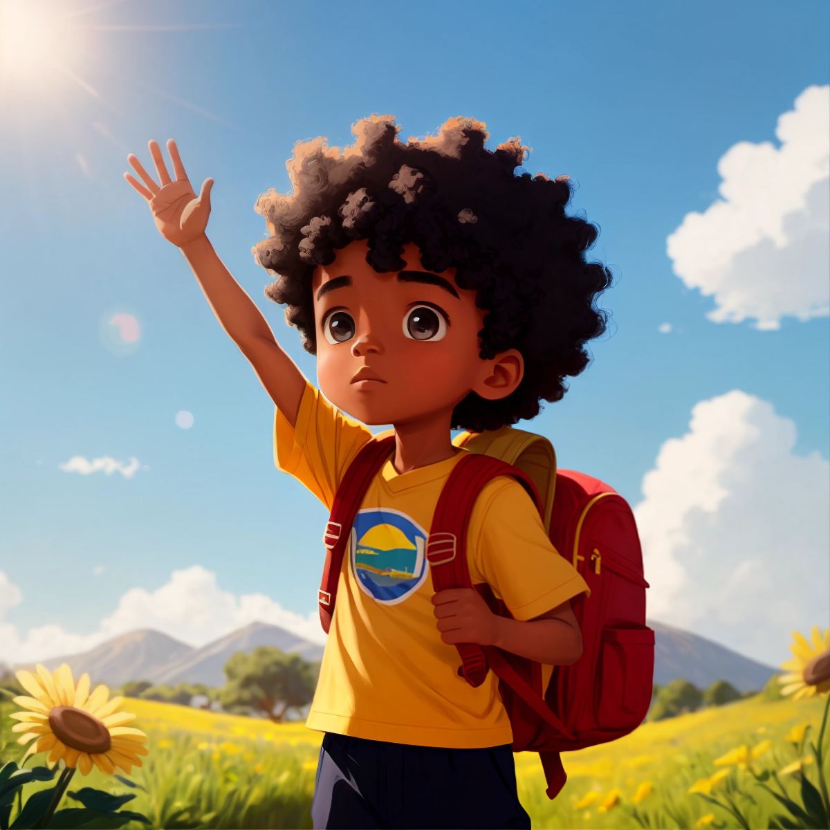 Culture with a backpack on his shoulder, waving goodbye to his mom, with a sunny blue sky in the background.