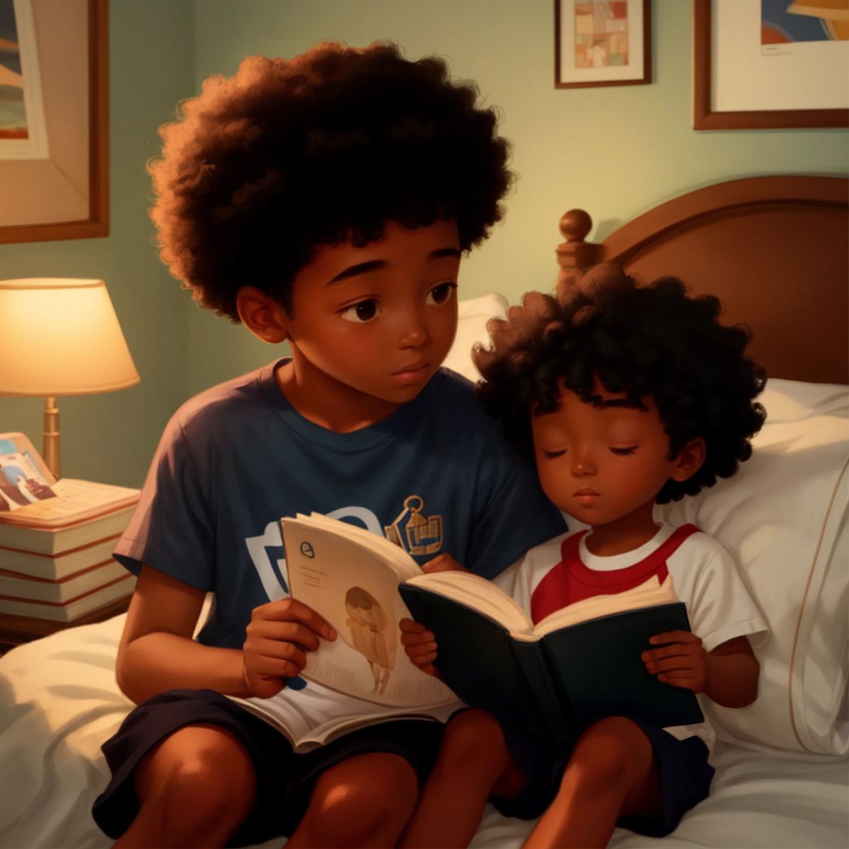 Culture snuggled in bed while his mom reads a bedtime story, with a book in her hand and a soft light from a bedside lamp.