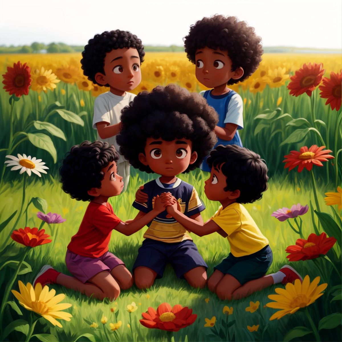 Culture and a child holding hands, praying together in a circle with other children, in a field of flowers.