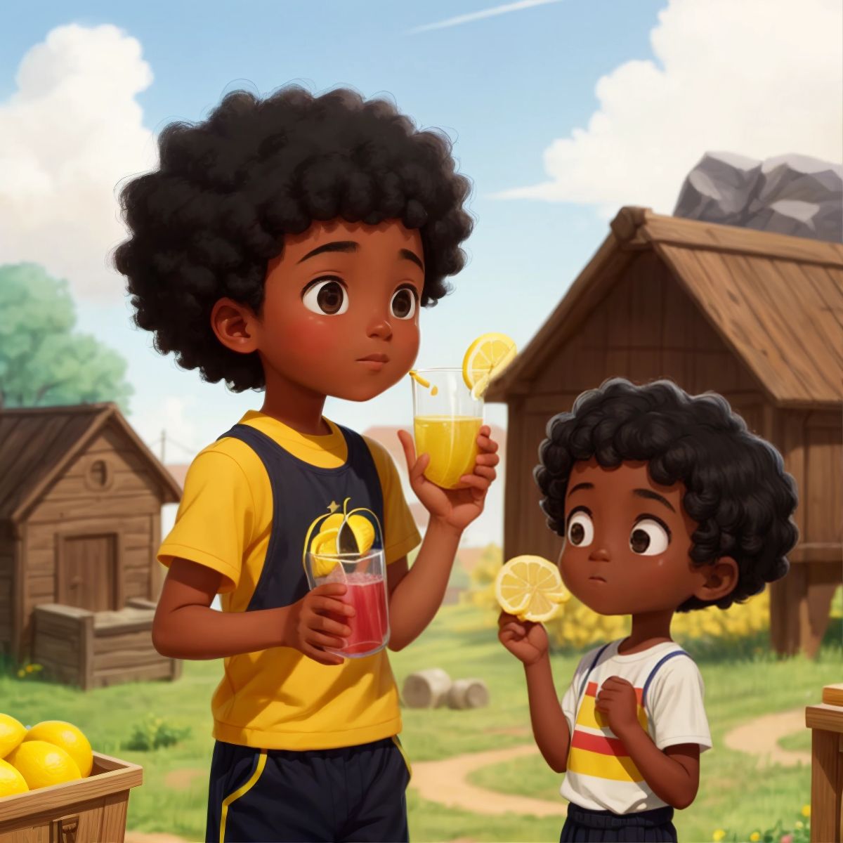 Culture accepting a glass of lemonade from a neighbor, with the ark and supportive townspeople in the background.