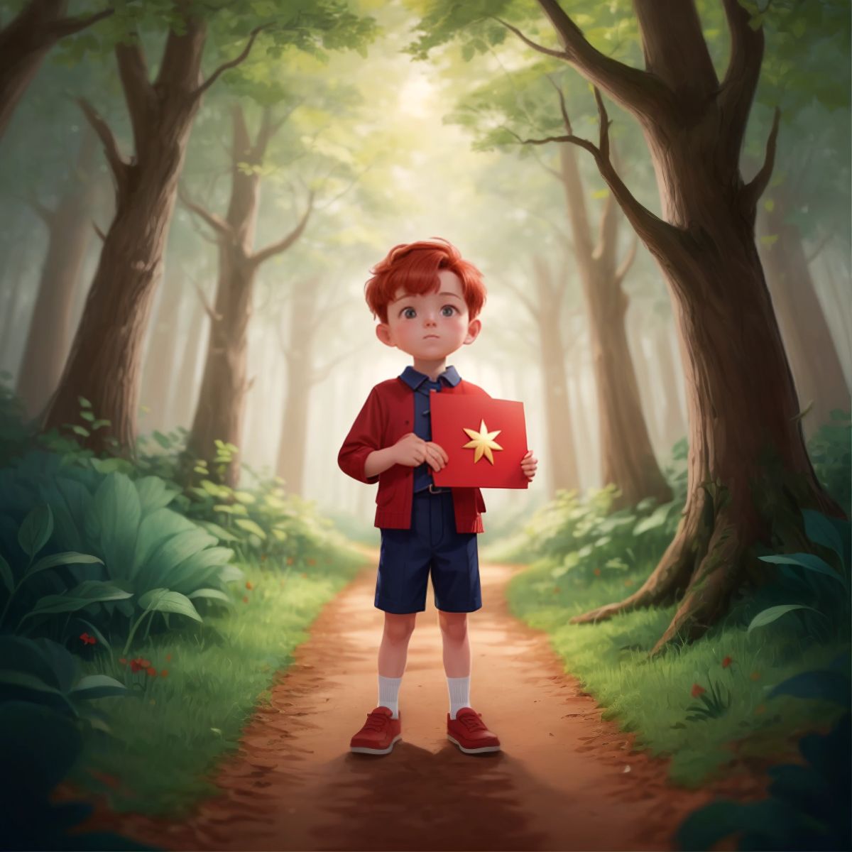 Sophia holding a mysterious invitation with a strange symbol, standing at the beginning of a forest trail.