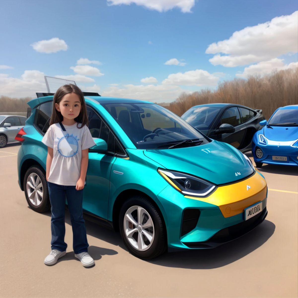 Ava standing next to a solar-powered car she helped build, with blueprints and mathematical equations visible.