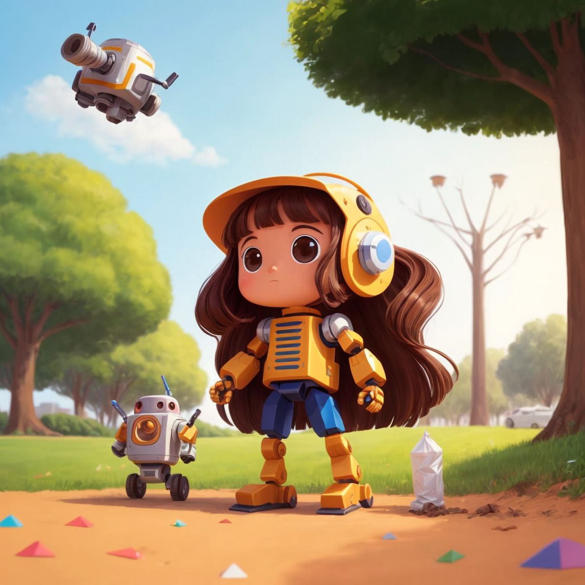 A robot designed by Maya collecting waste in a park with impressed onlookers in the background.