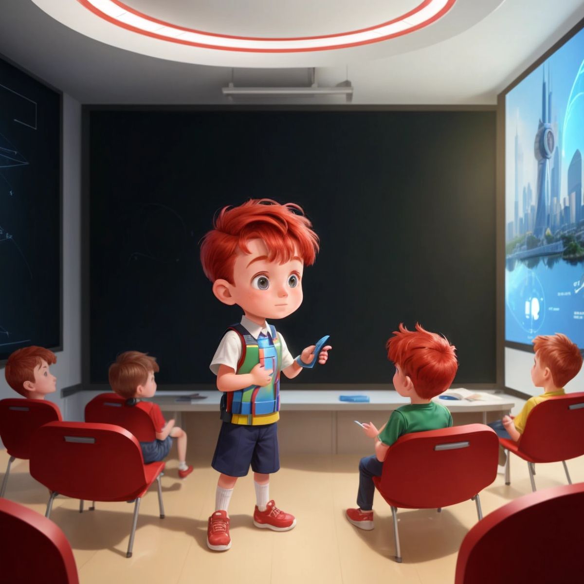 An older Sophia giving a lecture in a futuristic classroom, inspiring young students with a hologram of a sustainable city.