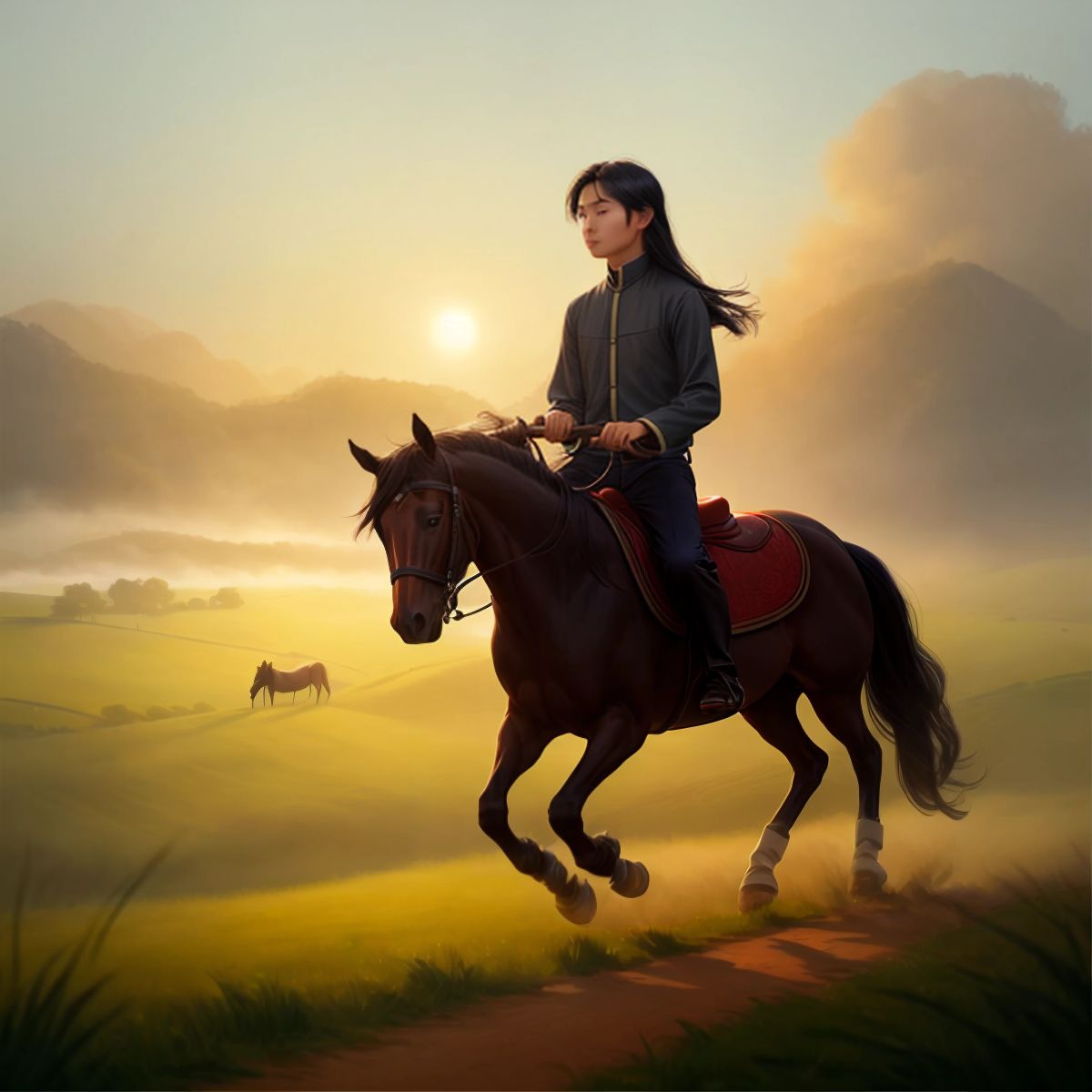 Tian Ji riding a horse through a misty field at dawn, focusing intently on the path ahead.