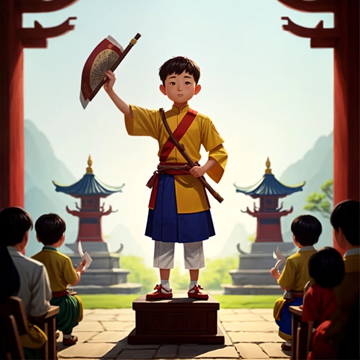 Tian Ji, standing on a podium with a scroll in hand, as people gather around to hear the story of his victory.