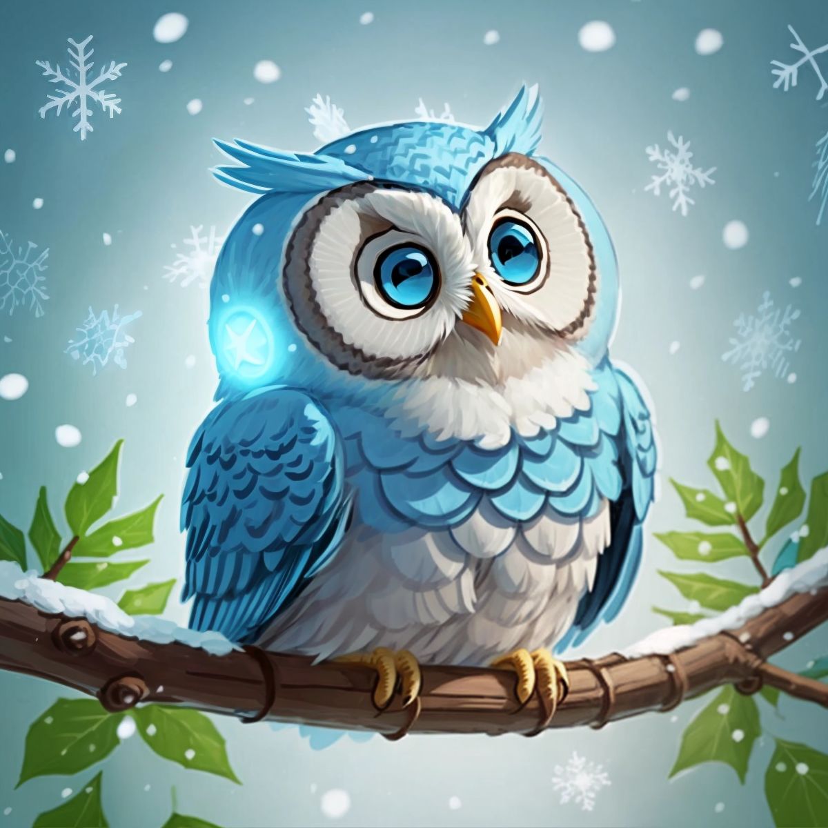 Ollie the Baby Blue Owl with a heartwarming glow around him, surrounded by falling snowflakes, symbolizing the Christmas spirit.