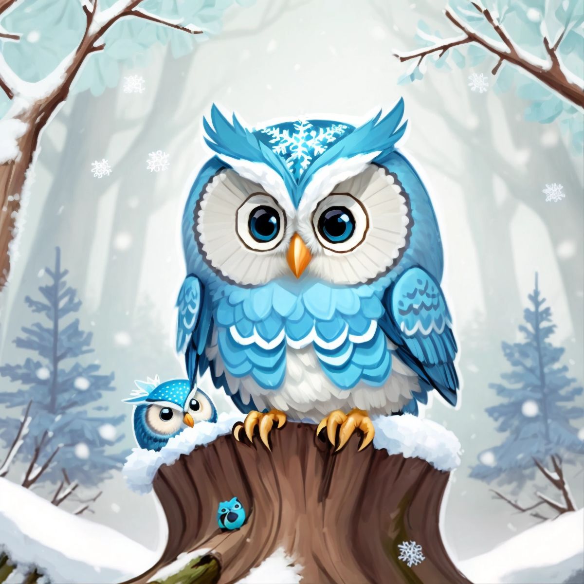 Ollie the Baby Blue Owl perched in a nest with a snowy forest background and snowflakes gently falling around him.