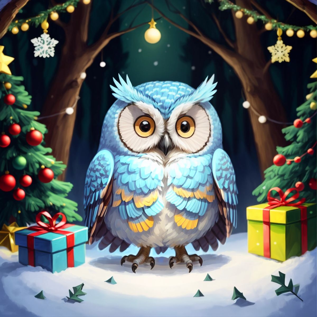 Ollie the Baby Blue Owl exchanging gifts with a warm, festive backdrop of the forest and Christmas tree lights.