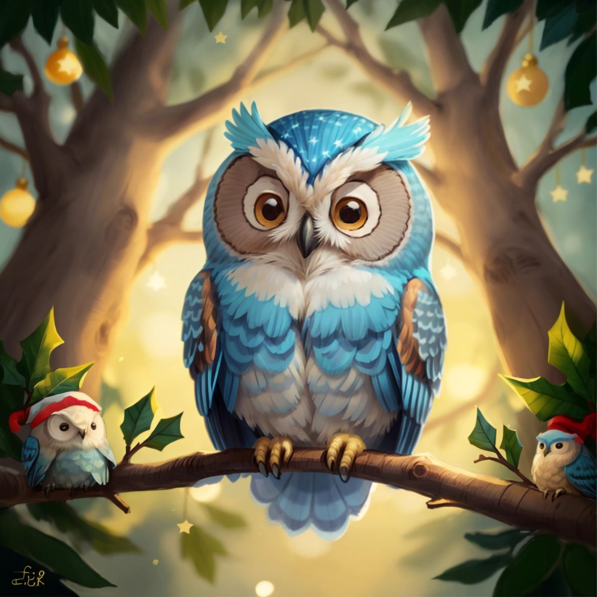 Ollie the Baby Blue Owl sitting on a branch with a backdrop of the forest glowing with the golden light of the Christmas tree and stars above.