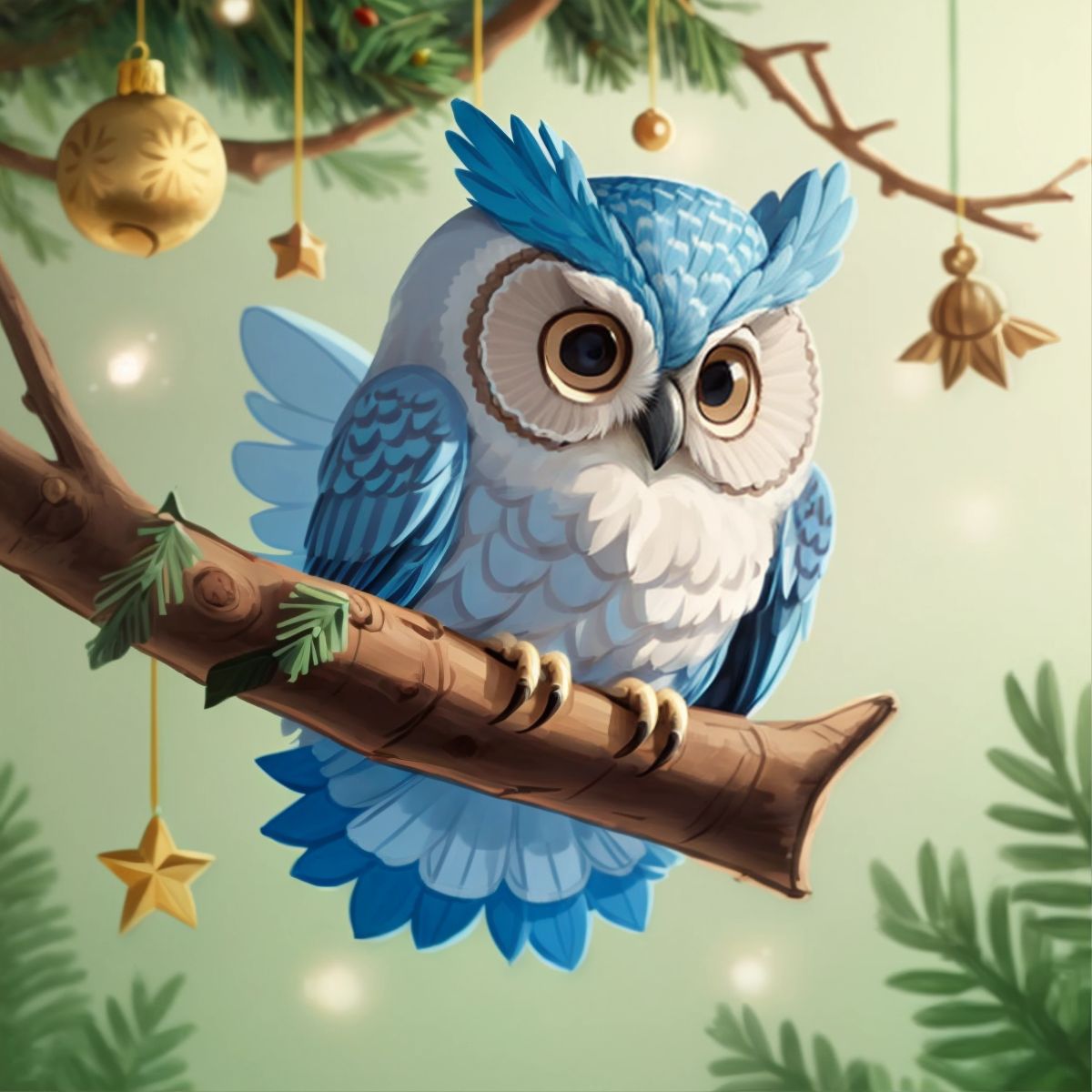 Ollie the Baby Blue Owl in flight, with a background of various forest animals gathered around the decorated Christmas tree.