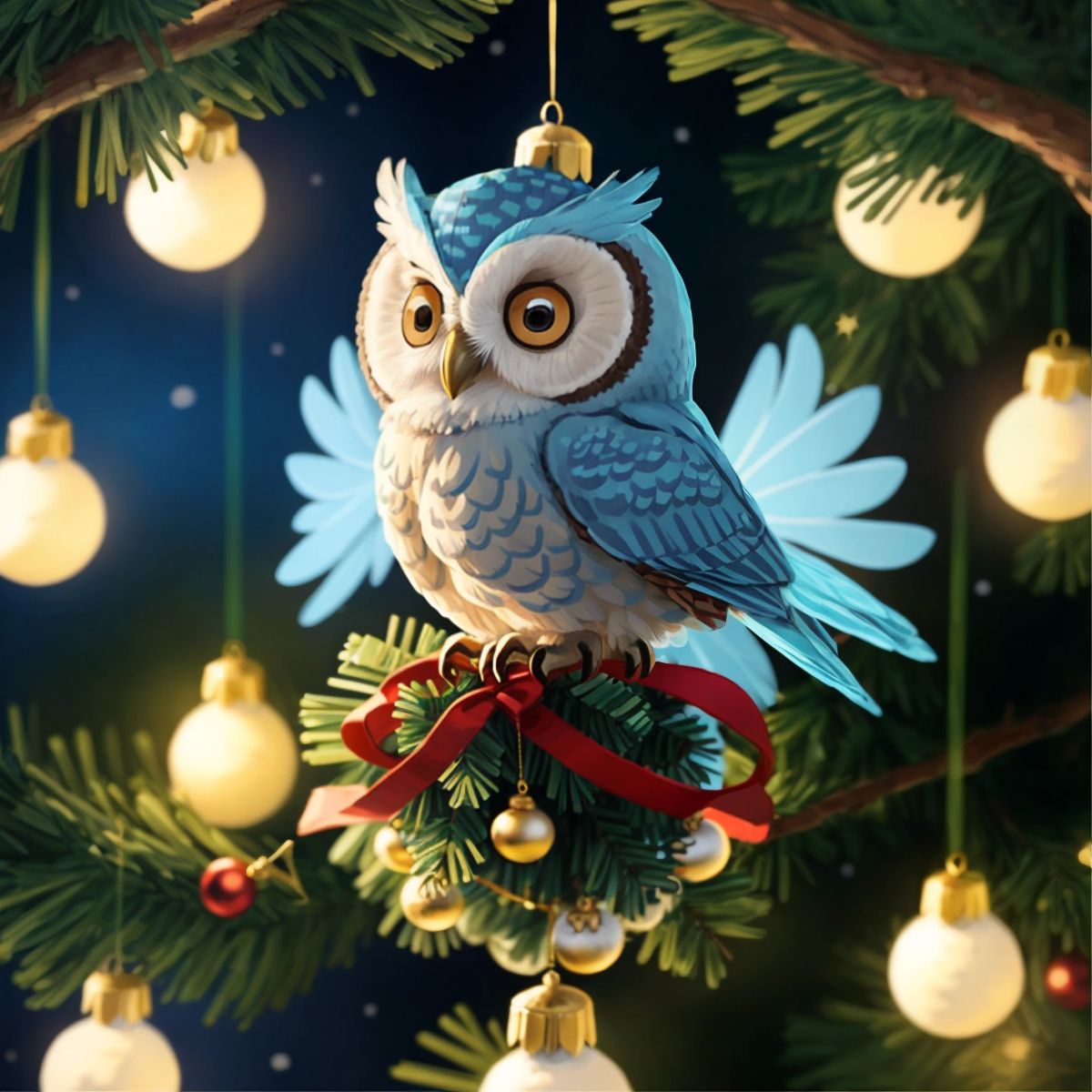 Ollie the Baby Blue Owl flying in front of a majestic Christmas tree adorned with twinkling lights and colorful ornaments in the forest.