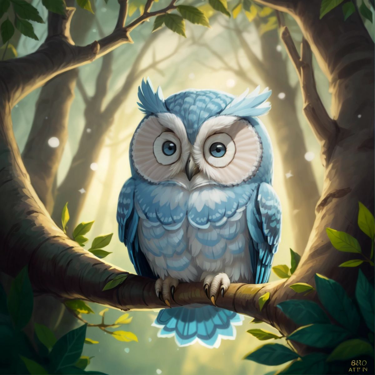 Ollie the Baby Blue Owl looking content, with the dawn of Christmas morning light filtering through the trees and illuminating the peaceful forest.