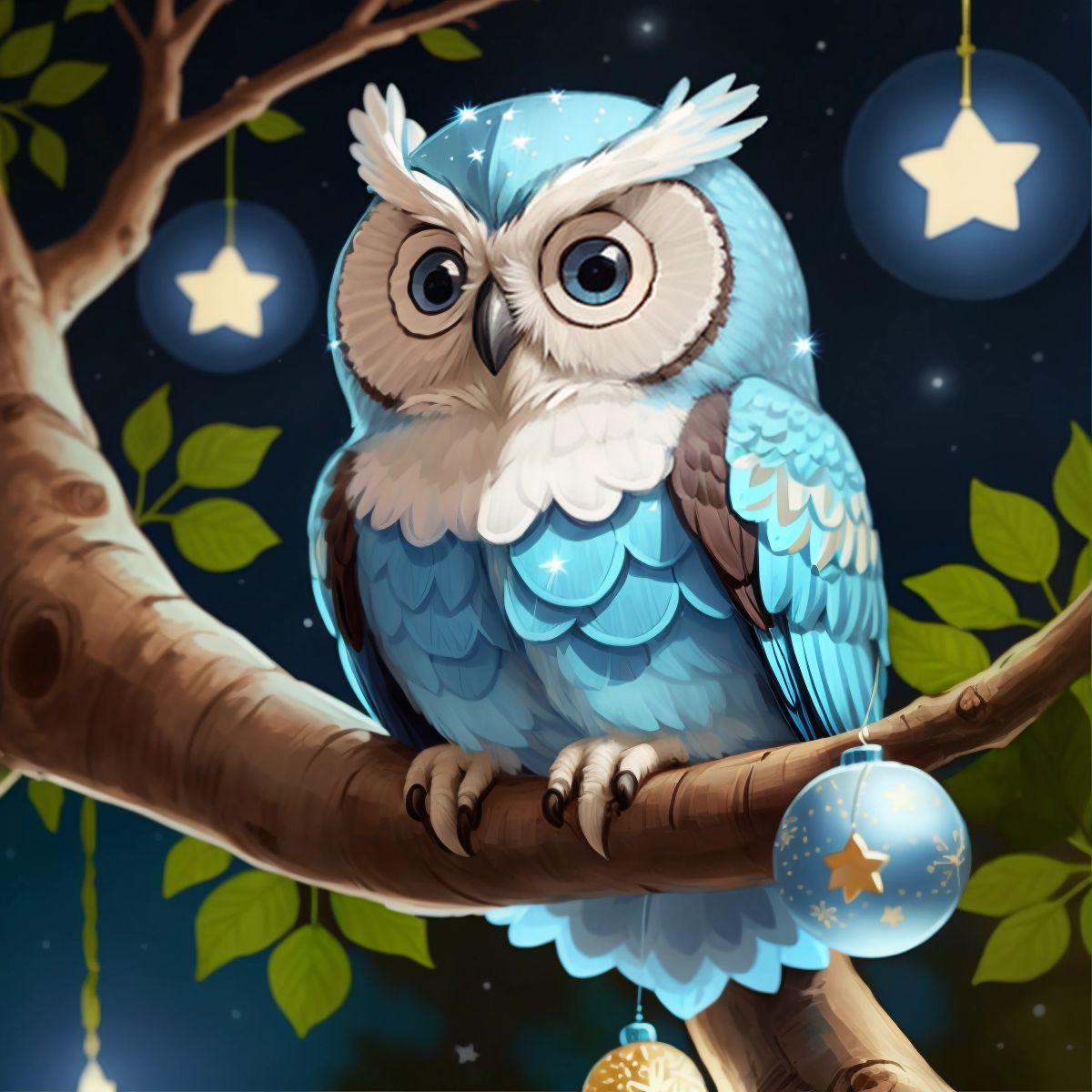 Ollie the Baby Blue Owl decorating a tree with shiny baubles and ribbons, with a background of twinkling stars in the night sky.