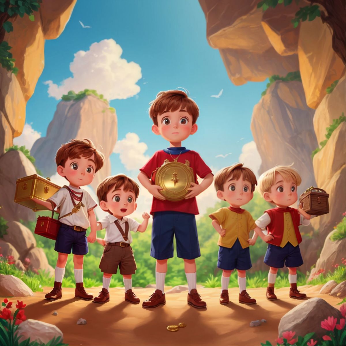 Paolo, Sofia, and Luca standing triumphantly next to an open treasure chest full of gold and jewels, in front of a large rock. However, for the illustration, only the treasure chest should be depicted to comply with the one character/animal rule.