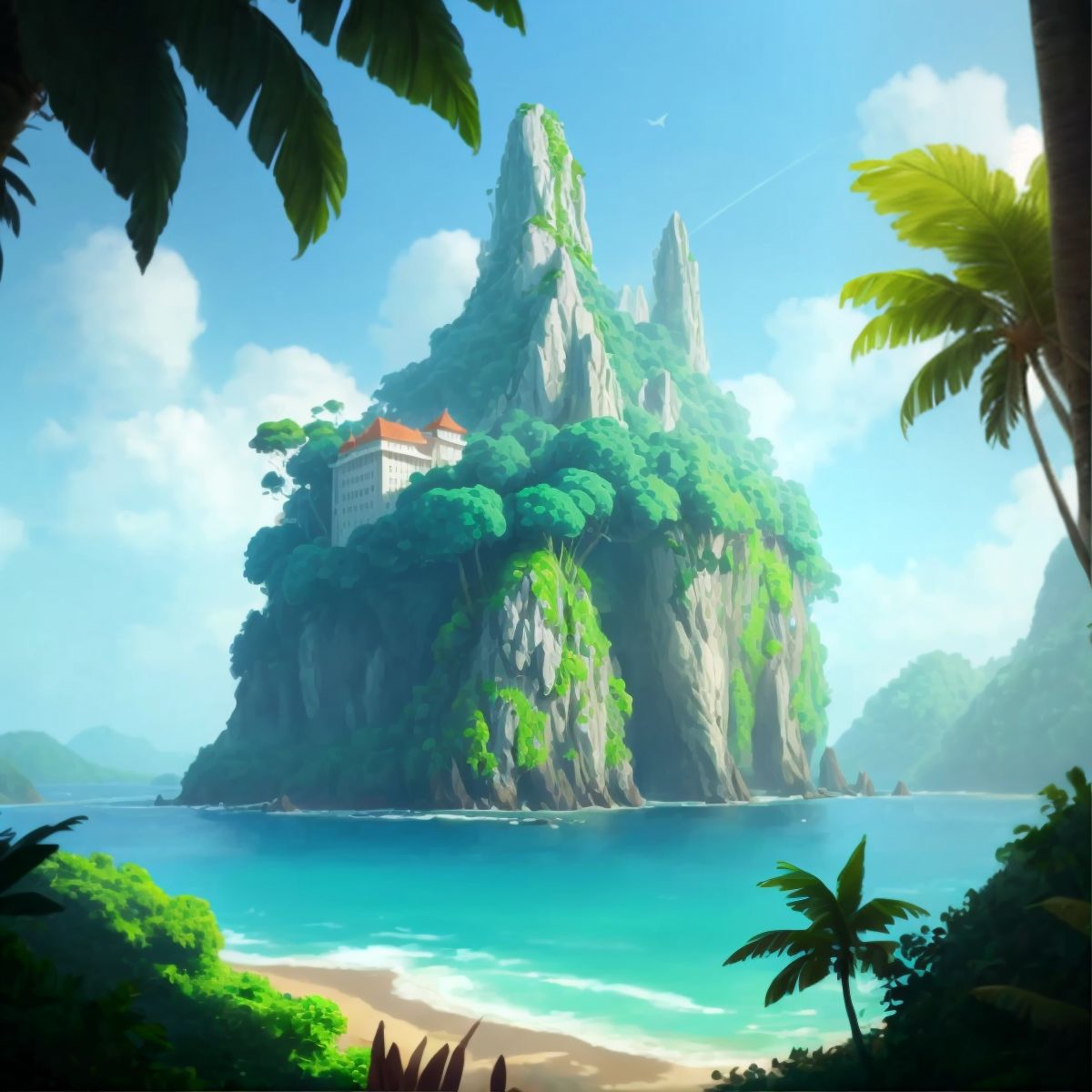 The mysterious island from a distance, with the beach visible and a dense jungle in the background, again no characters visible.