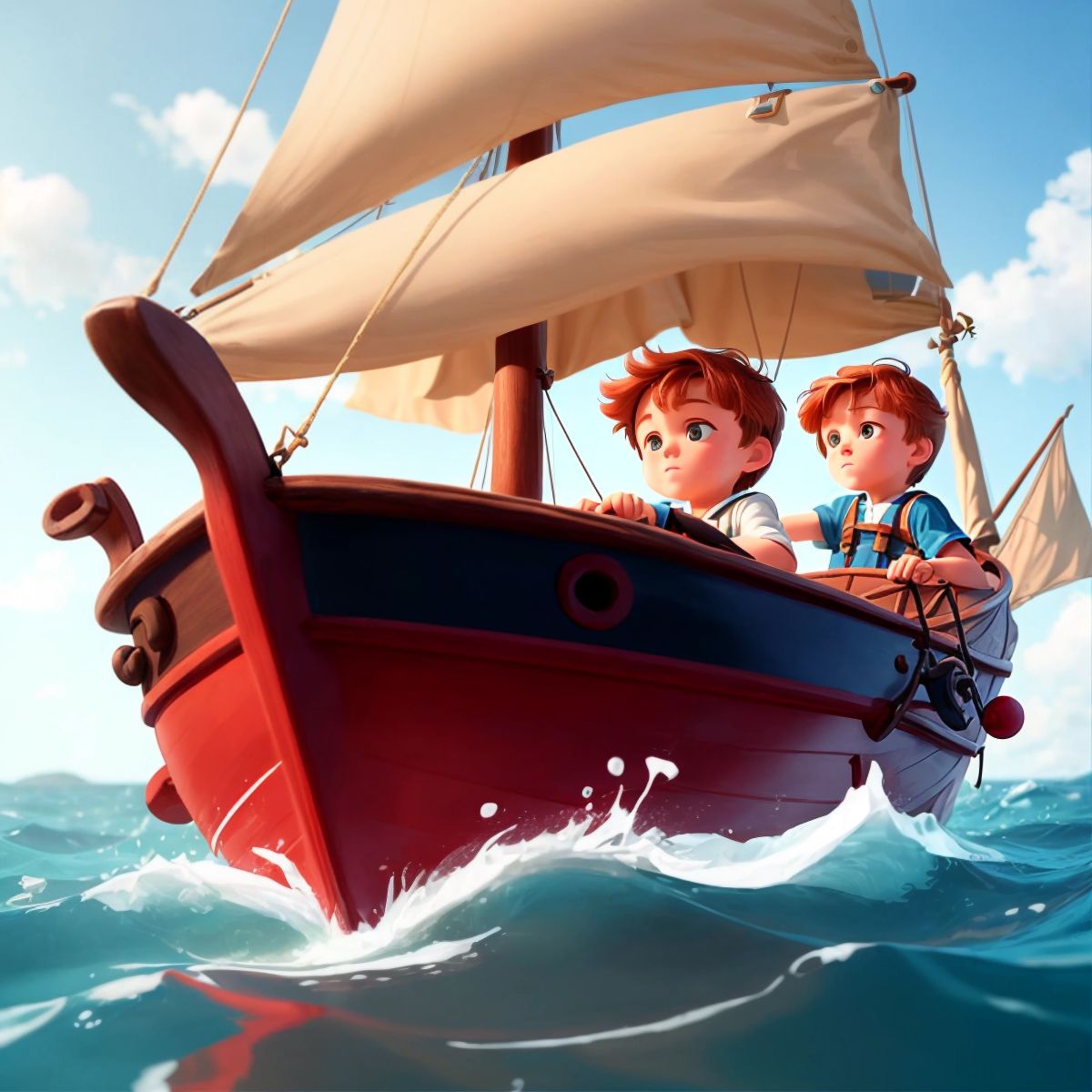 A small boat sailing on the open sea with Paolo, Sofia, and Luca's supplies stacked at the stern, but no characters visible to comply with the one character rule.