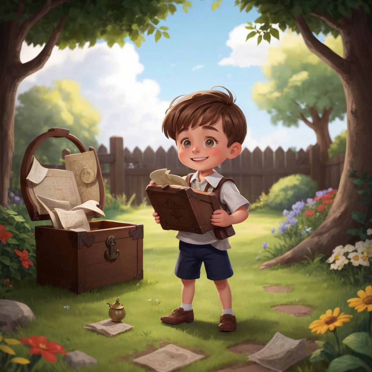 Paolo in the backyard, with an old chest and a mysterious map in his hands, looking excited.