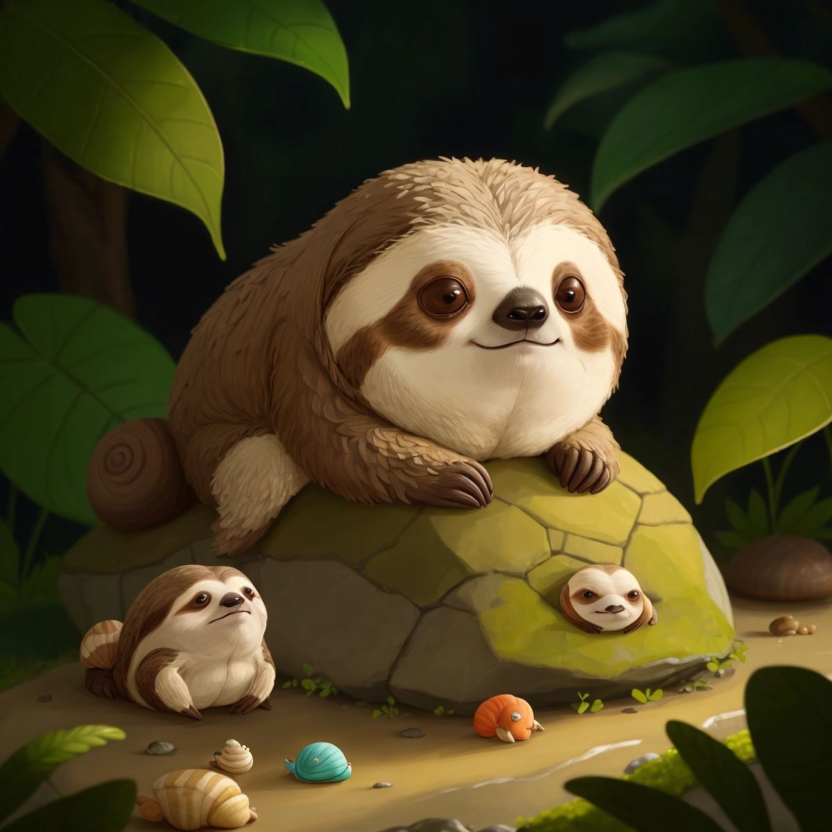 Sammy the Sloth sitting on a rock, observing a snail crawl by, with a look of realization.