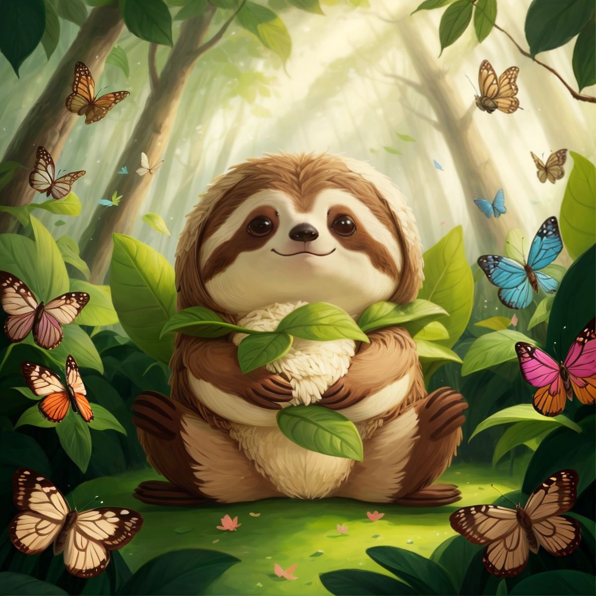 Sammy the Sloth in a clearing surrounded by butterflies.