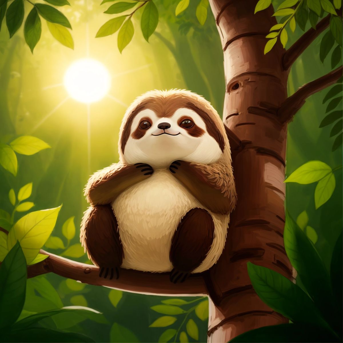 Sammy the Sloth looking confused, surrounded by identical trees as the sun sets.