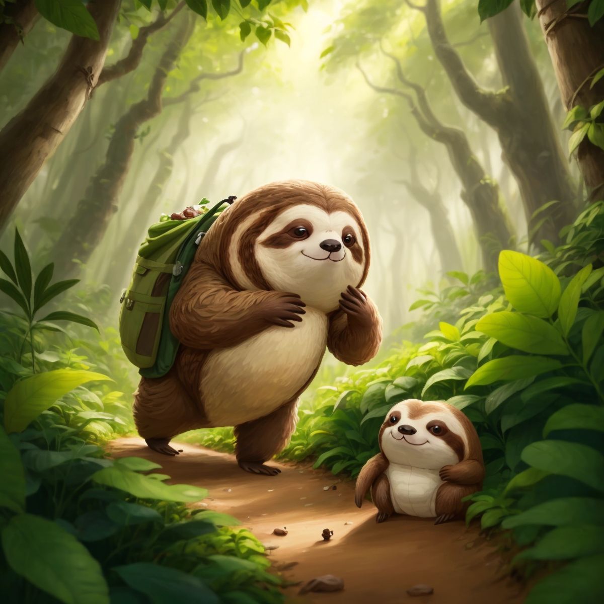 Sammy the Sloth following Theo the Tortoise through a lush forest trail.