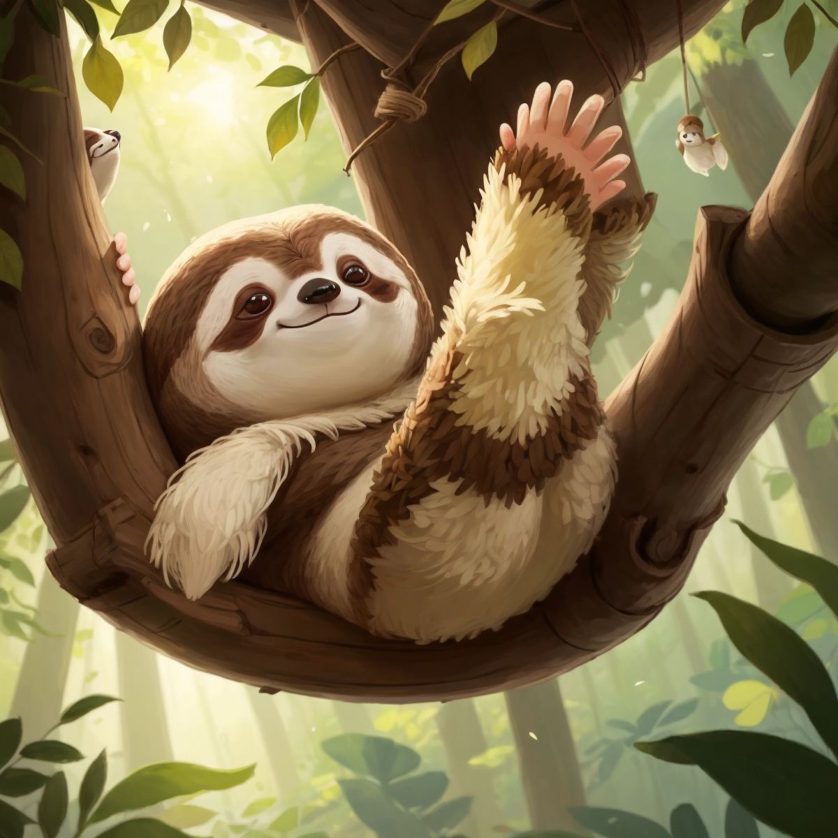 Sammy the Sloth waking up, stretching with a smile in his tree house as morning light filters in.