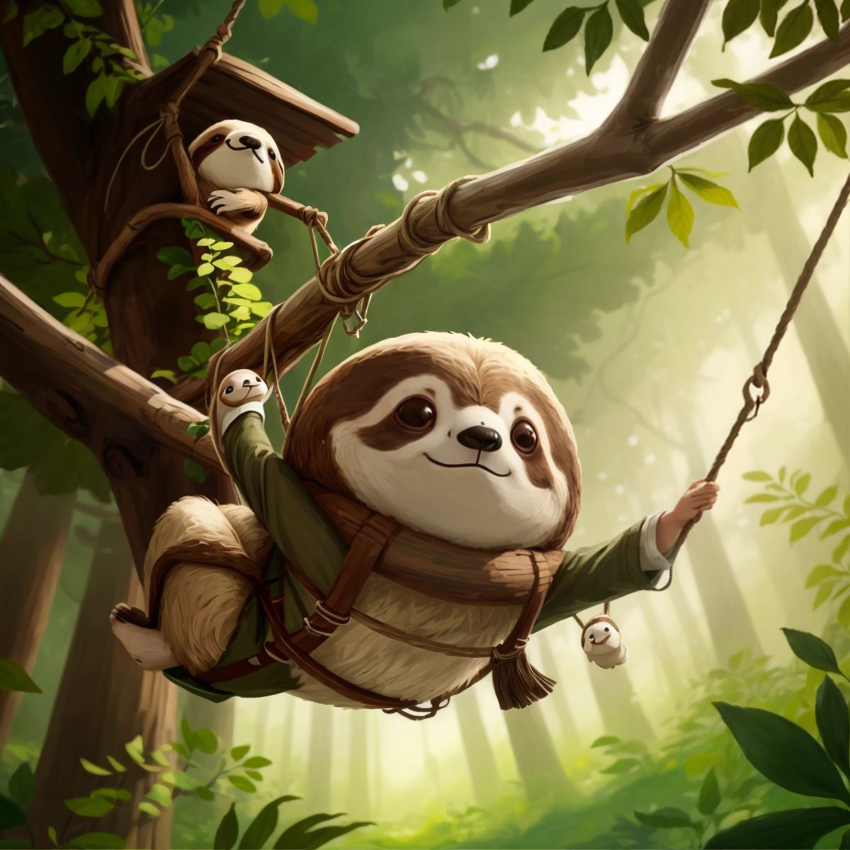 Sammy the Sloth hanging from a branch outside his straw tree house in the forest, with a swing visible.