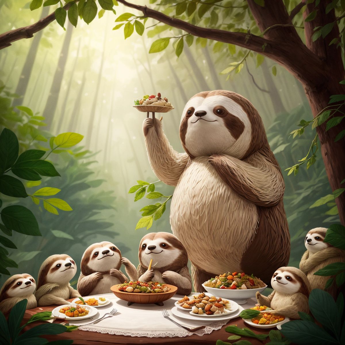 Sammy the Sloth serving food at a feast with forest animals gathered around.