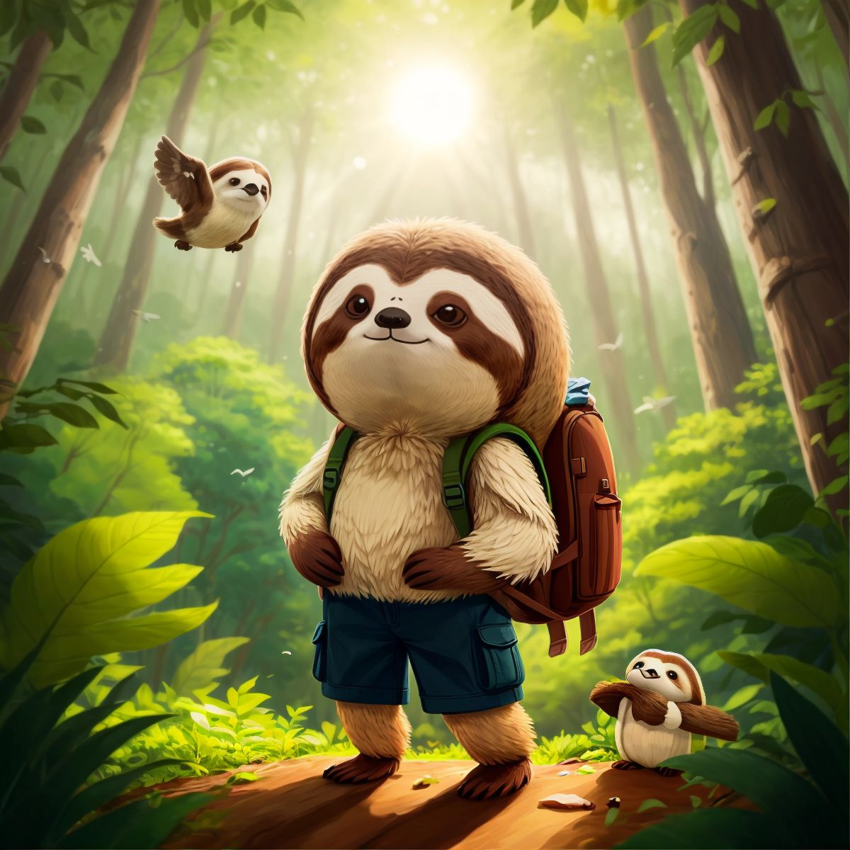 Sammy the Sloth with a backpack, standing at the edge of the forest with the sun shining and birds in the background.