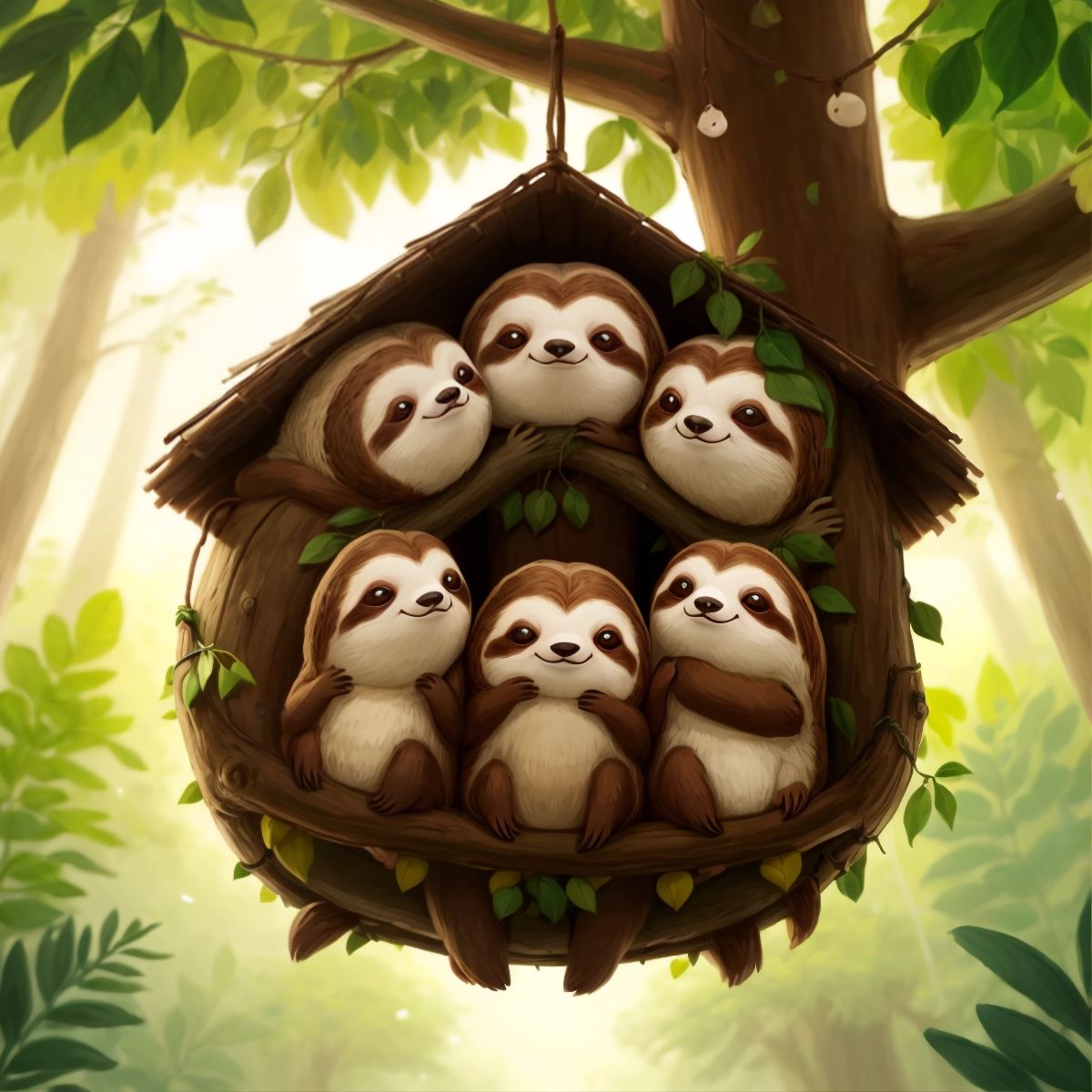 Sammy the Sloth and his friends huddled inside the cozy tree house, sharing a group hug.