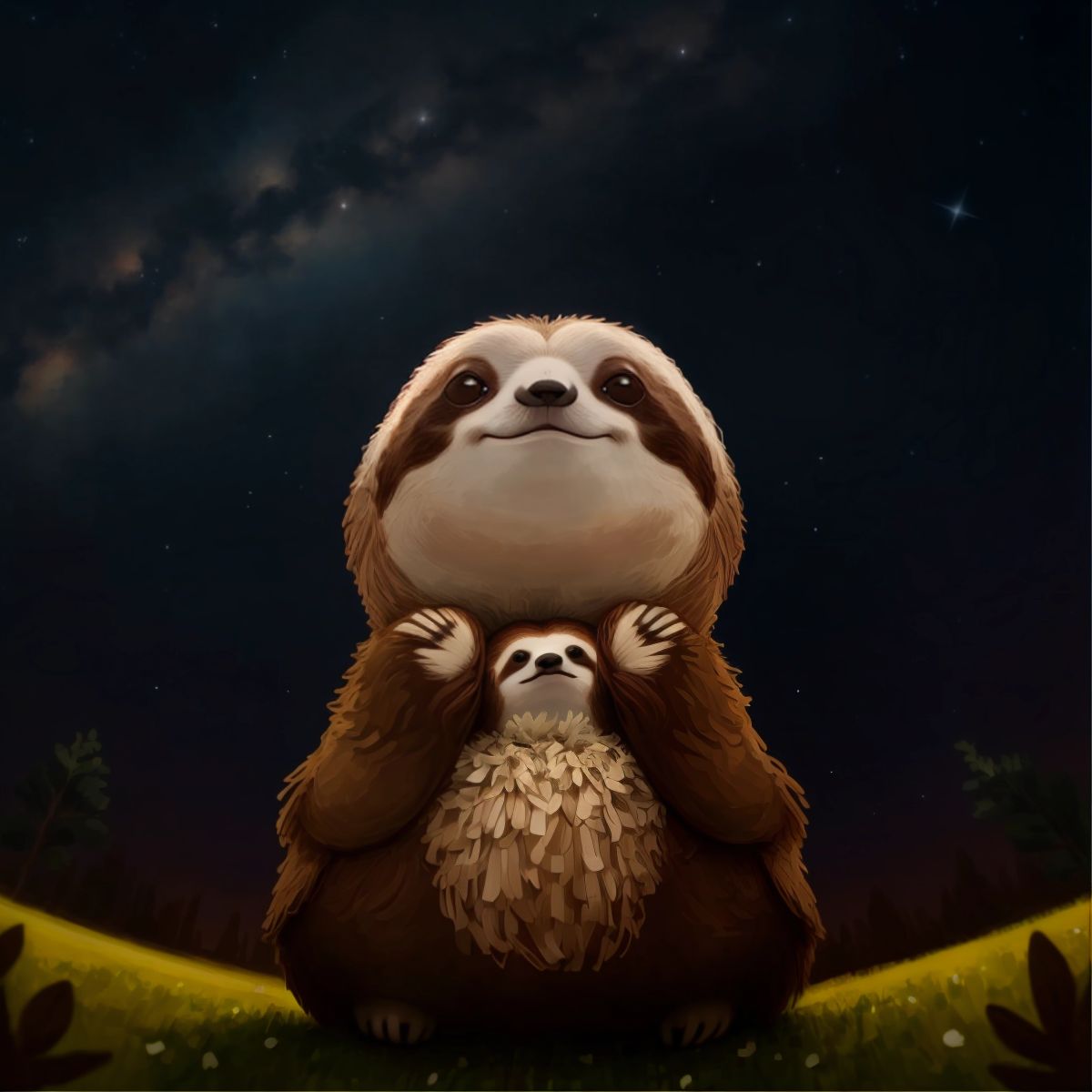 Sammy the Sloth standing alone, looking up at the starry sky in a moment of reflection.