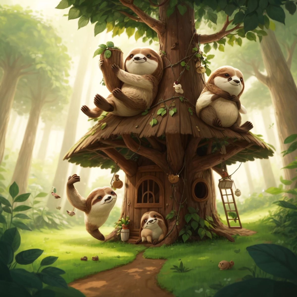 Sammy the Sloth and his friends playing together in the forest, their tree house in the background.