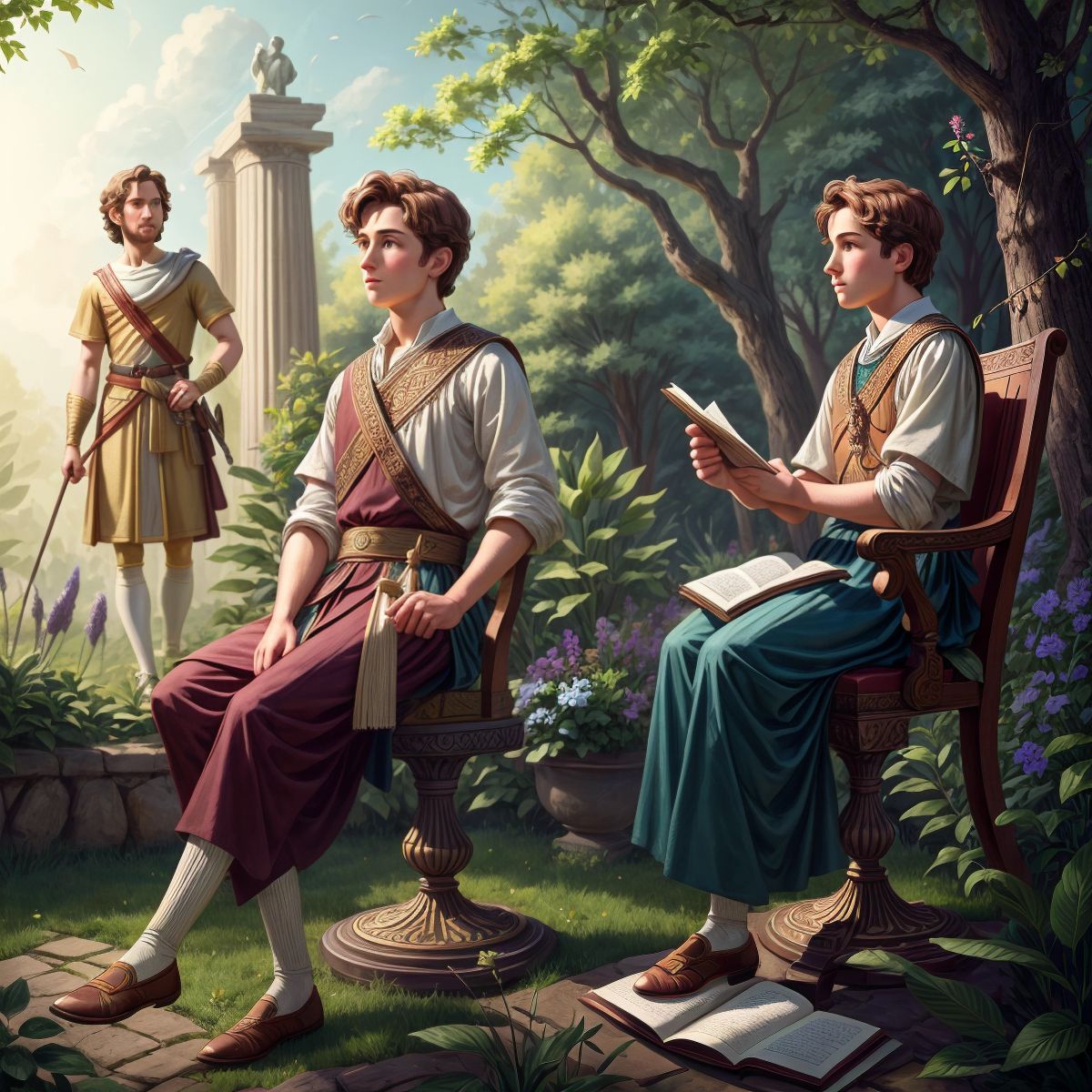 A young Alexander sitting attentively in front of Aristotle in a garden, with scrolls and nature around them.