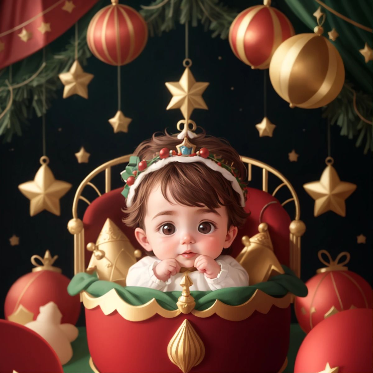 Baby Alexander with medium brown hair in a royal cradle, surrounded by festive decorations with the kingdom rejoicing in the background.