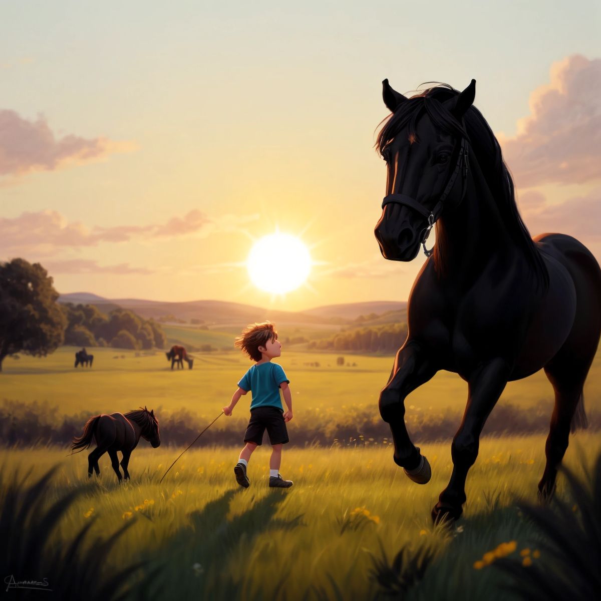 Alexander as a teen calmly approaching the wild and untamed black stallion, Bucephalus, in a field with the sun setting behind them.