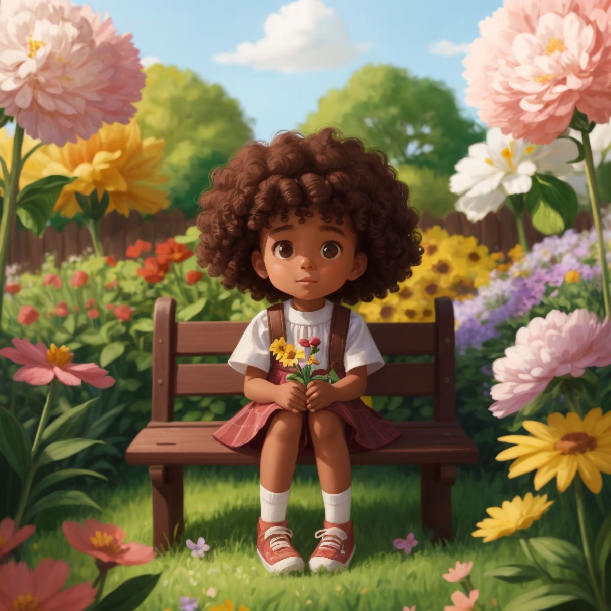 Mua sitting on a bench in the garden with a thankful expression, surrounded by blooming flowers and plants.