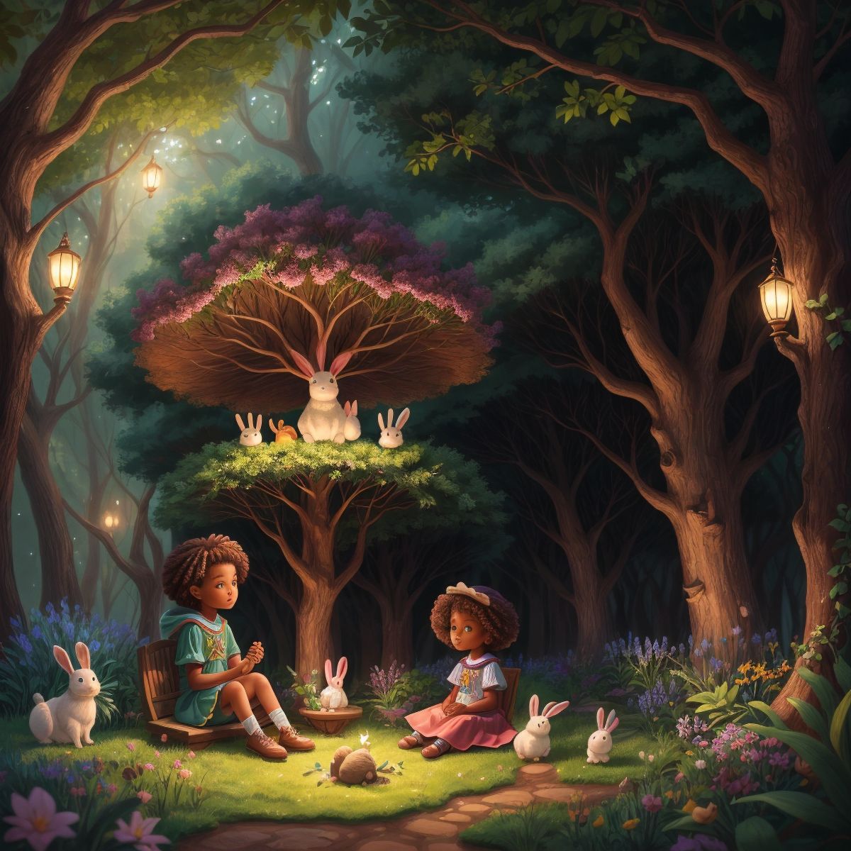 Mua sitting in the enchanted garden surrounded by magical creatures, with a talking rabbit in the foreground.