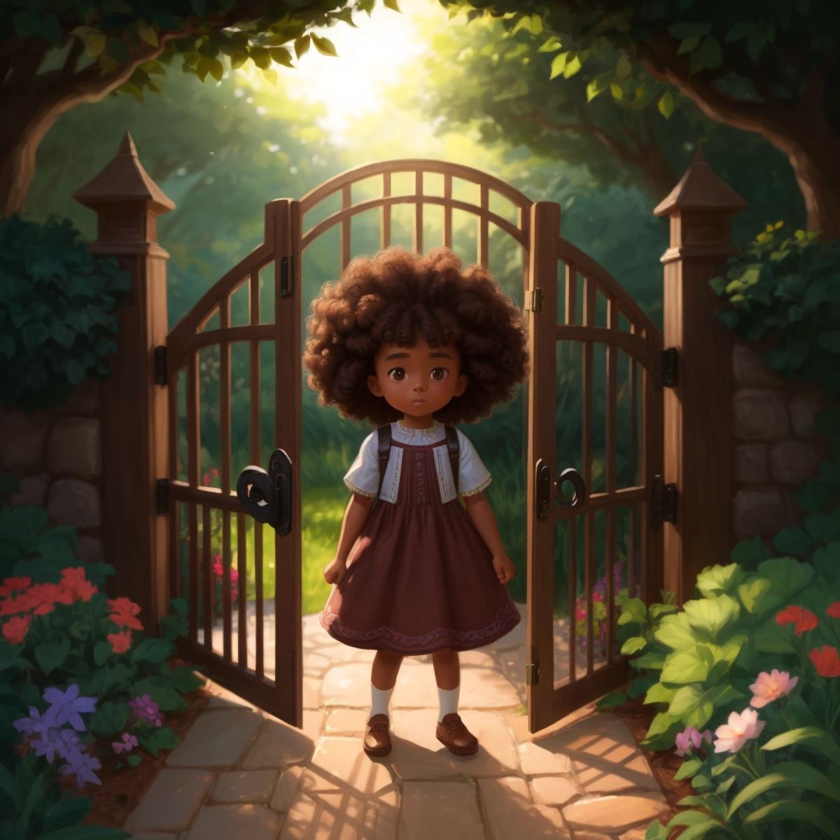 Mua facing a large, mysterious gate in the garden, with a hint of light coming through, showing her courage.