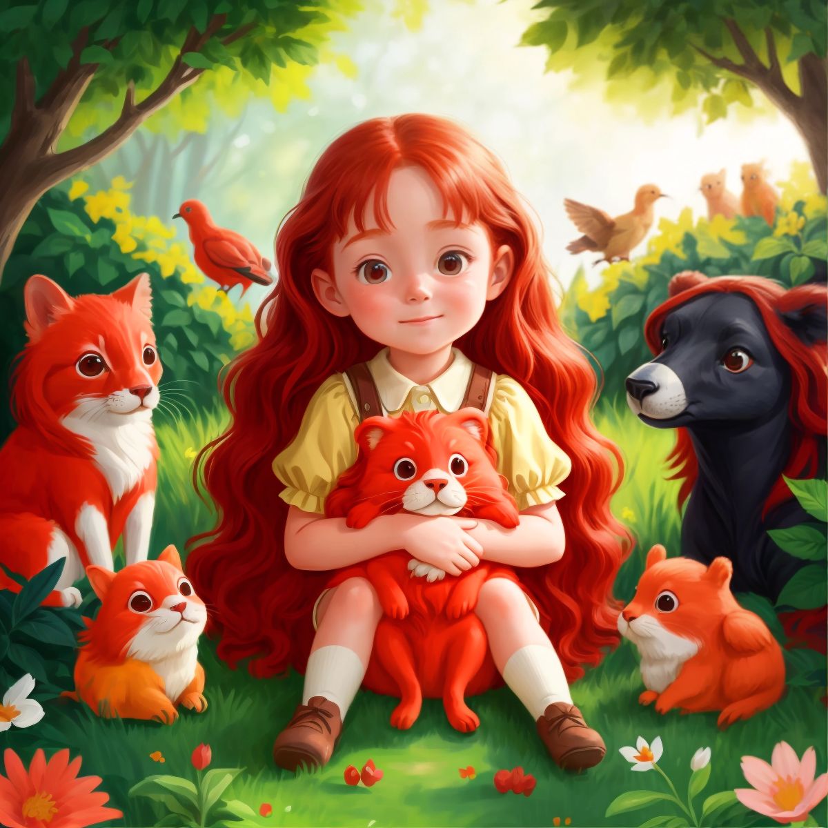 Poppy in a warm embrace with a group of animal friends in the garden