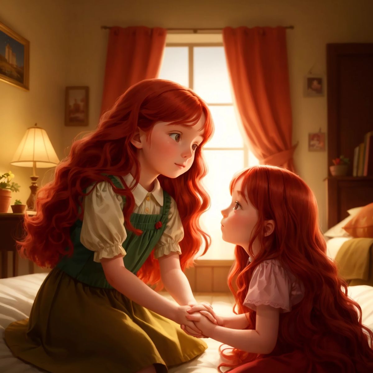 Poppy holding hands with Mom, in a cozy room with a night lamp glowing softly