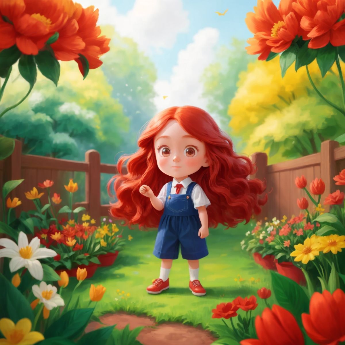 Poppy with long red hair in a magical garden filled with colorful flowers and talking animals