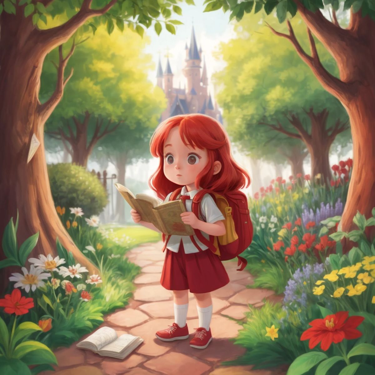 Poppy on an adventure, with a backpack and a map, in the magical garden