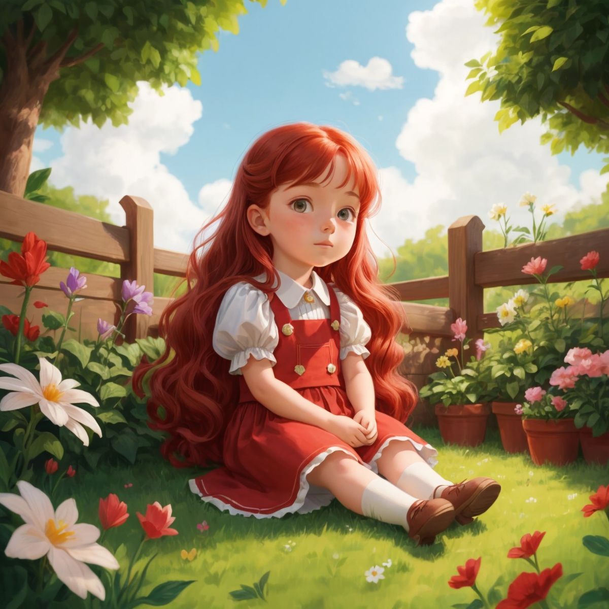 Poppy sitting in the garden with a fluffy cloud beside her