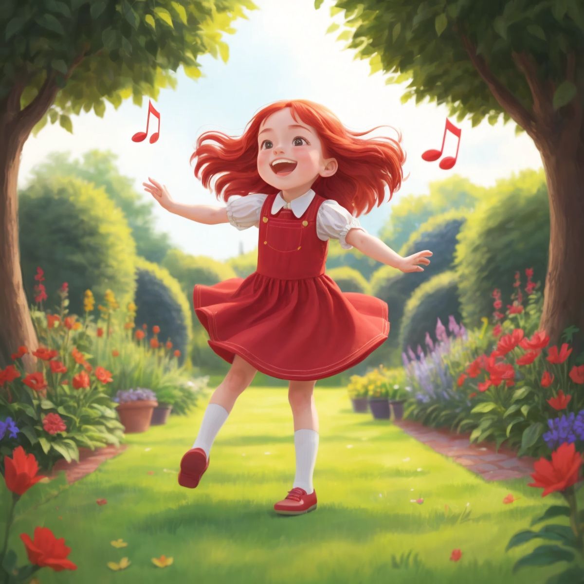 Poppy dancing joyfully in the garden with music notes and laughter around her